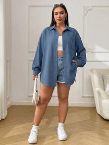 SHEIN EZwear 大尺碼女款素色休閒百搭日常出遊襯衫 - 霧霾藍 - 查看 4