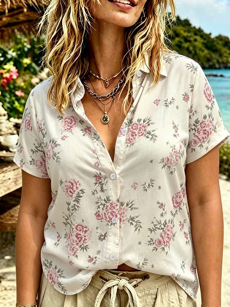 EMERY ROSE Plus Size Women's Woven Printed Casual Resort Women's Summer Shirt - Apricot - View 1