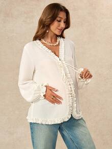 Boho Mama Comfortable Pure Maternity Shirt With Ruffle Trim And Front Tie – Autumn Fall - Apricot - View 9