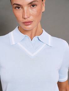 Activina 女士撞色 Polo 领短袖运动毛衣 - 淺藍色 - 查看 7