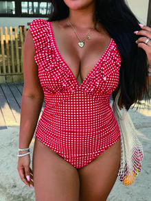 Swim Vcay Traje de baño de una pieza para mujer talla grande 2026, color café con estampado de cuadros pequeños, diseño de cuello en V, dobladillo con volantes, cintura fruncida, control de abdomen, efecto estilizante, Bottom triangular - Rojo - Ver 1
