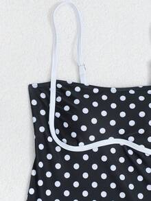 SHEIN Swim 春夏時尚性感可調式可拆卸肩帶加墊黑白拼接連身泳衣上衣與短裙套裝 女款 - 黑與白 - 查看 4
