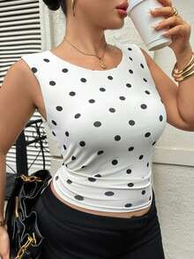 Dazy Plus Plus Size Women's Fitted Polka Dot Crew Neck Padded Top, Casual Blogger Style, Spring/Summer - Apricot - View 5