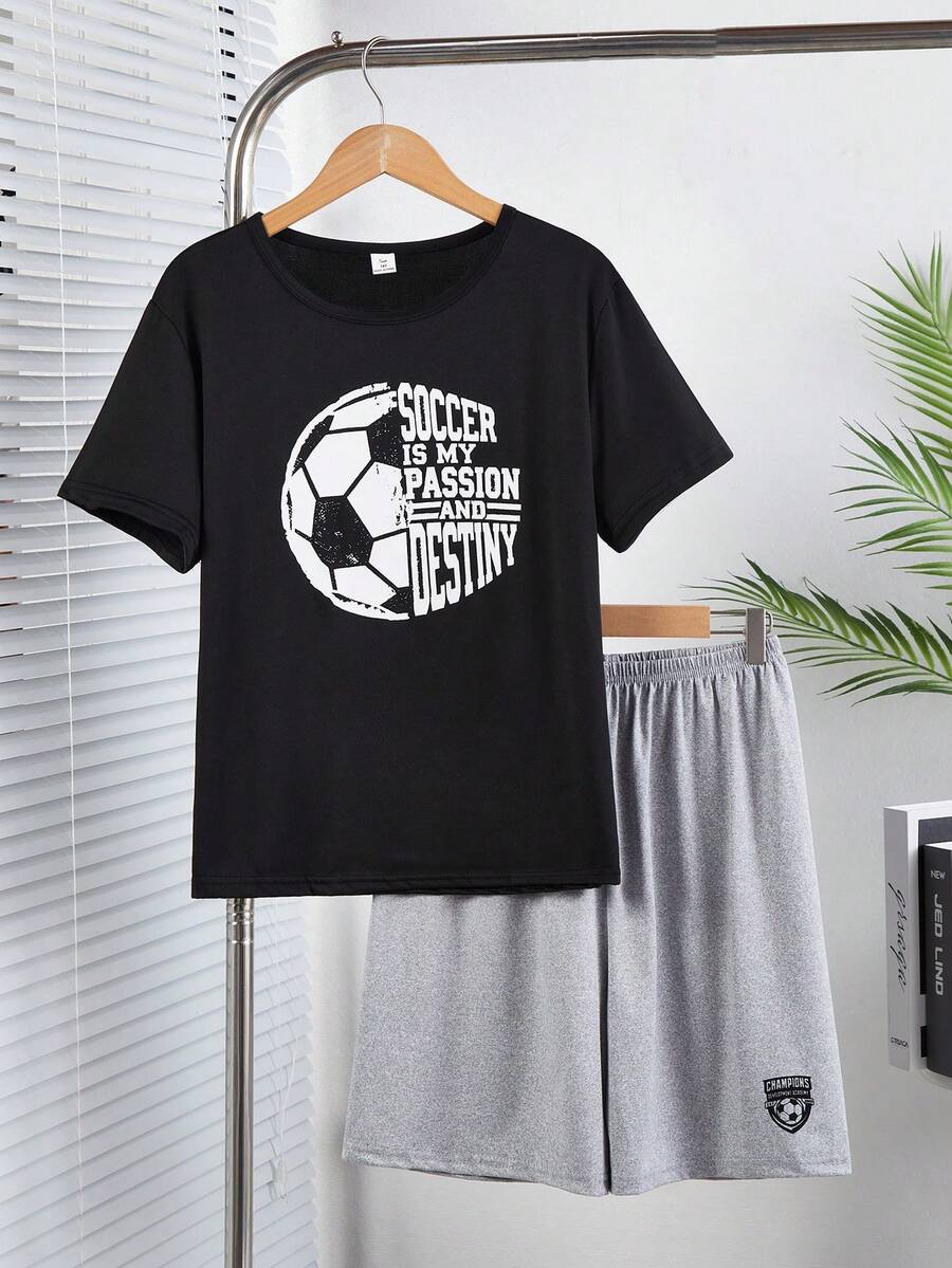 青少年男童黑色足球字母印花图案短袖T恤+短裤睡衣套装