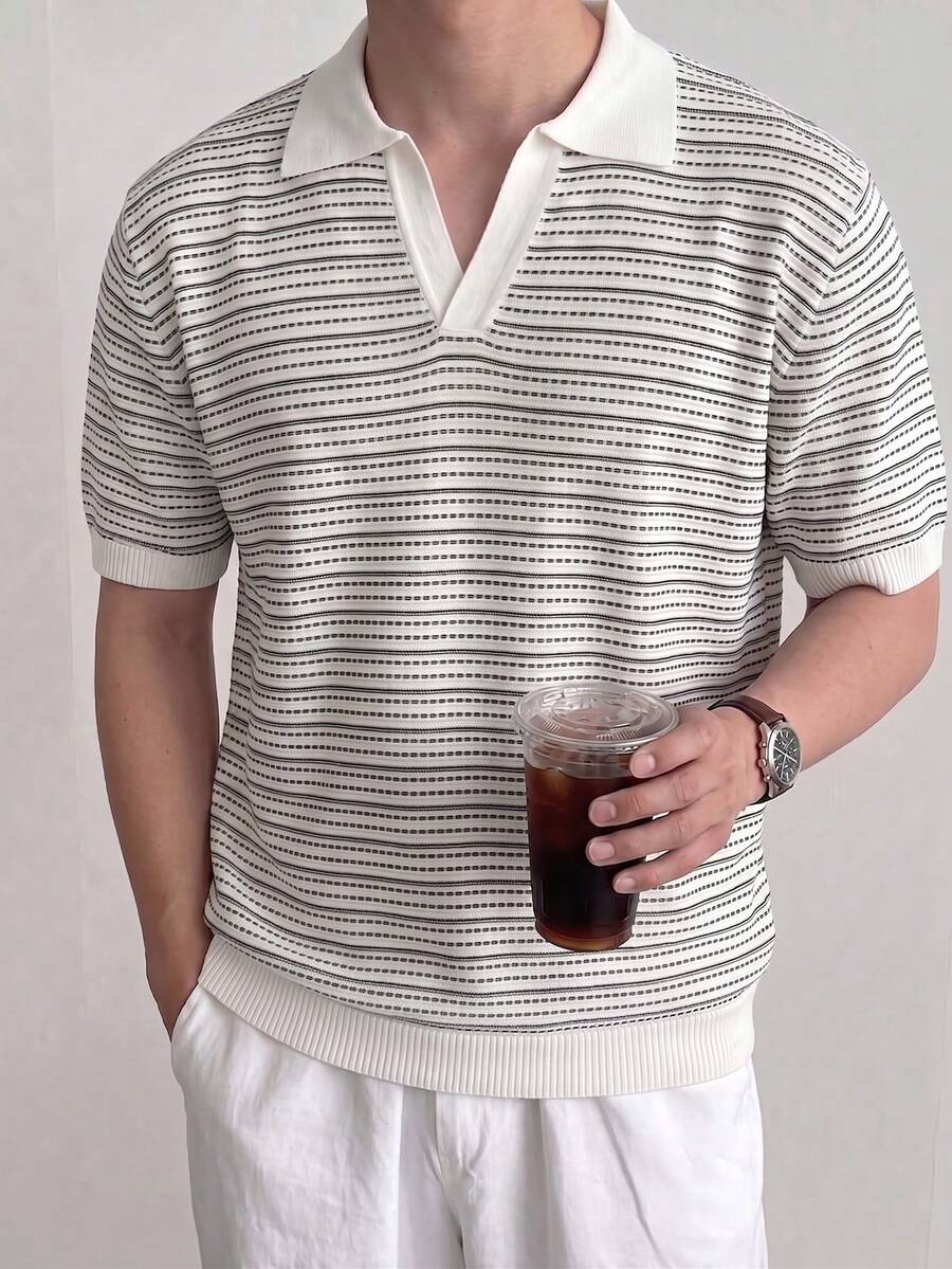 Airaco 男士修身條紋 Polo 領短袖針織毛衣 米色/黑色 - 彩色 - 查看 1