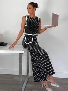 Siren Gaze Women's 2 Pieces Set, Contrast Trim Top And Solid Color Casual Elegant Loose Pants, Daily Casual Office Work Commute Outfit, Black And White Polka Dot - Black - View 1
