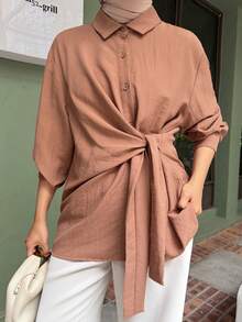 DAZY Women's Long Sleeve Brown Solid Color Fabric Button Front Tie Waist Loose Fit Long Shirt Top Summer Vacation - Watermelon Pink - View 4