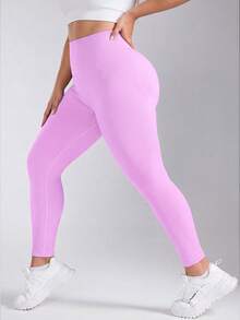 SHEIN Sports Solid Color Plus Size Women's Seamless Tight V-Waist Sexy Yoga Fitness Workout Leggings - Pink - View 4