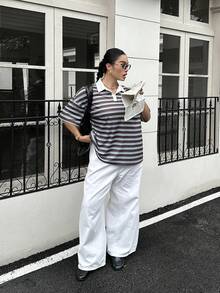Muchica 女款大尺碼條紋休閒寬鬆版型T恤 - 彩色 - 查看 6