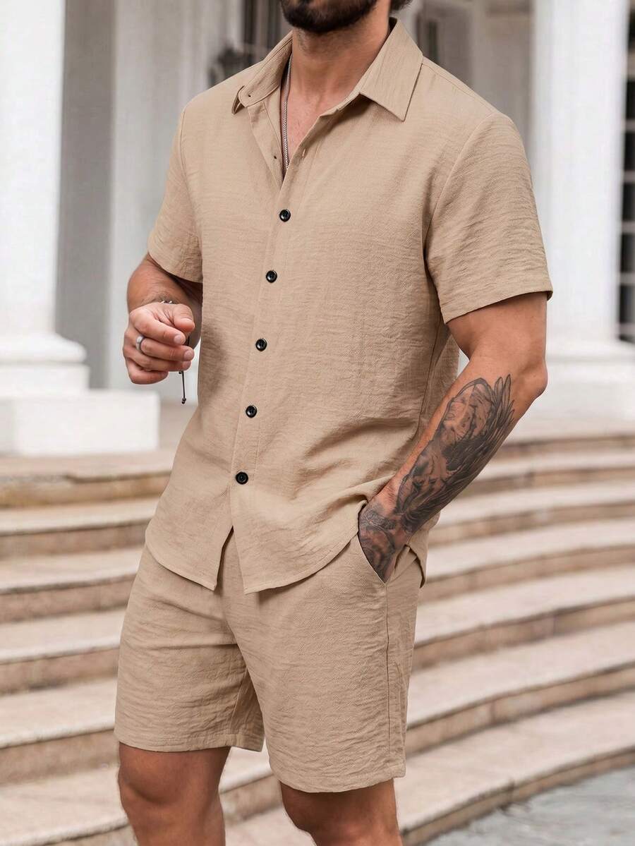 Surfspeed Men's Textured Solid Color Single-Breasted Short Sleeve Shirt And Drawstring Waist Pocket Shorts Beach Set - Khaki - View 1