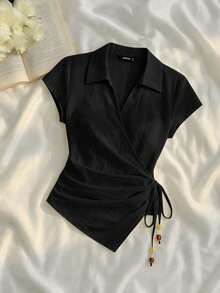SHEIN MOD 女款素色百褶休閒百搭日常旅行襯衫 - 黑色 - 查看 1