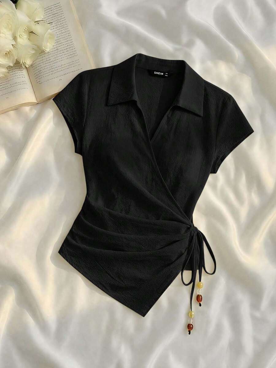 SHEIN MOD 女款素色百褶休閒百搭日常旅行襯衫 - 黑色 - 查看 1