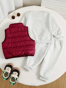 SHEIN 3件組男嬰秋冬休閒可愛灰色運動衫、長褲、抓絨背心外套三件套，加厚冬季運動服，中性嬰兒服飾 - 彩色 - 查看 2