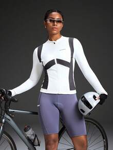 Powerista  Women's Letter Print Contrast Color Zipper Collar Long Sleeve Cycling Jersey White Workout Jacket Long Sleeve Zip Up Rashgaurd Women Compression Long Sleeve Women Rashguard Swimsuit Women Cycling Clothes Women Active Comfy Workout Gym Running Run Clubpadel, Tennis, Pickleball Yoga Pilates Fitness Daily Casual  Summer All Season - White - View 5