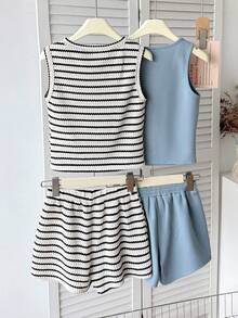 SHEIN 4pcs/2set Tank Top & Celana Pendek, Set Tank Top Tanpa Lengan dan Celana Pendek Kasual Longgar Nyaman Bergaris Leher Bulat untuk Anak Perempuan Remaja, Set Bergaris dan Set Tekstur Rajut Polos, Biru, Anak Perempuan Remaja - MultiWarna - View 2