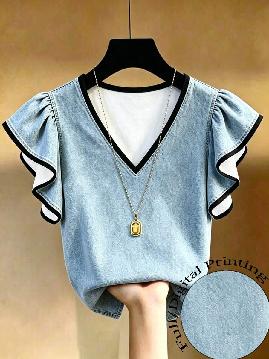 Franclia Atasan Wanita Kasual Musim Panas Motif Denim dengan Hiasan Ruffle - Biru - View 1
