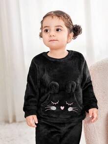 Set Atasan Lengan Panjang dan Celana Panjang Pinggang Elastis Motif Kartun Lucu untuk Bayi Perempuan Musim Gugur/Dingin - Hitam - View 6