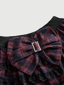 ROMWE J-Fashion Y2K 學院風哥德澀谷女孩風 大蝴蝶結低腰蕾絲飾邊層次格紋女款裙子 萬聖節校園之夜 海軍藍 秋季 - 彩色 - 查看 3