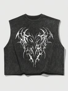 ROMWE MEN Tank Top Pria Ukuran Besar dengan Motif Cuci Salju, Potongan Longgar, dan Motif Cetak - Hitam - View 5