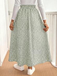 SHEIN Frenchy 女款碎花荷葉邊開衩長裙 - 綠色 - 查看 2