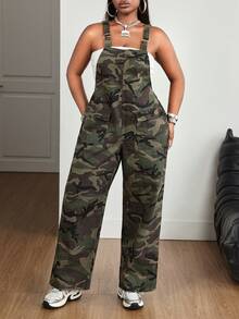Jeanoix Plus Size Denim Camouflage Cargo Pocket Drawstring Jumpsuit Pants - Multicolor - View 5