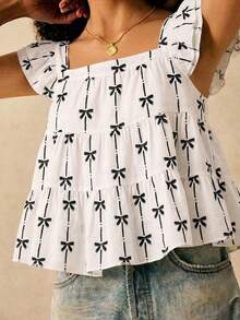 Muvela Women's Bowknot Print Ruffle Hem Cap Sleeve Blouse - Multicolor - View 2