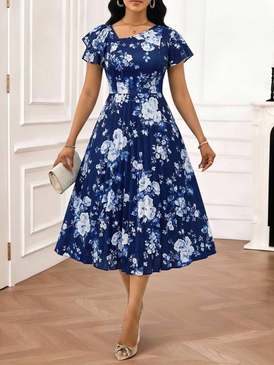 SHEIN Lady 女士印花不对称荷叶袖优雅中长连衣裙 - 藍色 - 查看 1