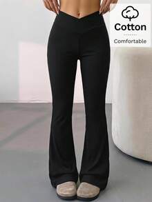 SHEIN EZwear 黑色高腰修身喇叭褲女款長褲 - 黑色 - 查看 7