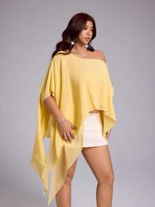 Viva Relle Plus Size Asymmetrical Ruffle Shoulder Commuter Romantic Comfortable Elegant Blouse - Yellow - View 4