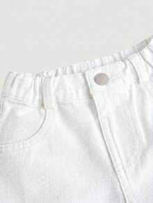 SHEIN 女嬰蝴蝶結刺繡圖案口袋鈕扣休閒百搭日常牛仔褲 - 白色 - 查看 4
