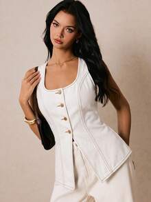 Poéselle Women's Square Neck Metal Single-Breasted Vest Denim Top - White - View 4