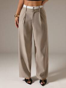 Vivamere Women's Casual Versatile Daily Outing Long Pants With Pocket And Button ,Petite Women - Khaki - View 4