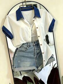 EMERY ROSE Colorblock Patchwork Short Sleeve Casual Vacation Shirt - Multicolor - View 4