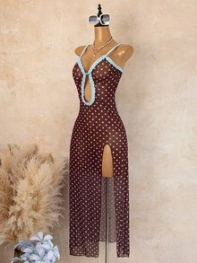 Bellisia 2026 Latest Fashion Beach Cover-Up Dress, Sexy Elegant Influencer Style, Blue Ruffle Trim With Coffee Base And Blue Polka Dot, High Slit Spaghetti Strap Long One-Piece Vacation Cover-Up - Multicolor - View 4