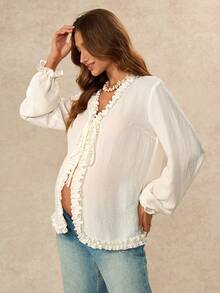 Boho Mama Comfortable Pure Maternity Shirt With Ruffle Trim And Front Tie – Autumn Fall - Apricot - View 7