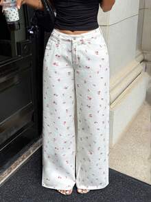 Rivivi Jean large et ample décontracté à poches avec imprimé floral discret pour femmes - Blanc - Voir 4