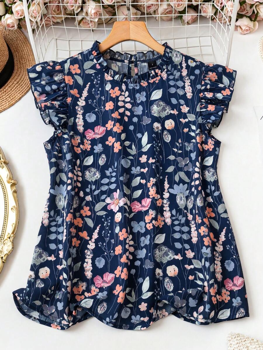 SHEIN LUNE 女款夏季甜美優雅荷葉邊圓領飄逸袖碎花寬鬆襯衫,適合度假與日常穿著 - 藏蓝色 - 查看 1