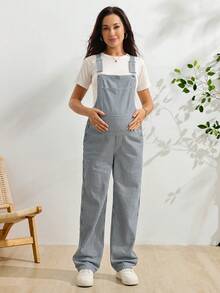 SHEIN 孕婦條紋口袋休閒百搭日常穿著牛仔吊褲 - 淺色水洗藍 - 查看 4