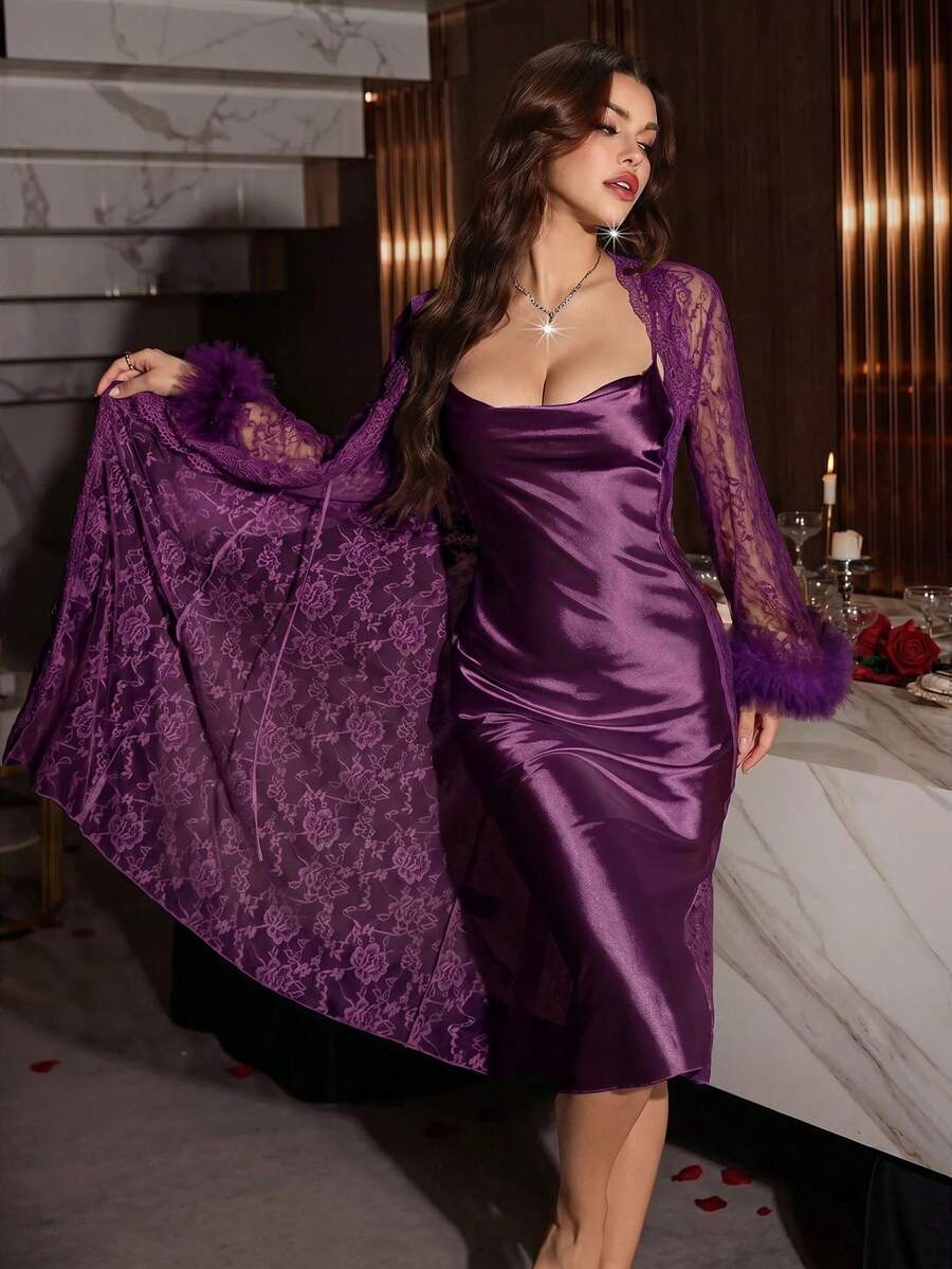 SilkySpell 女款 2 件組性感迷人晚禮服睡衣套裝 - 紫羅蘭色 - 查看 1
