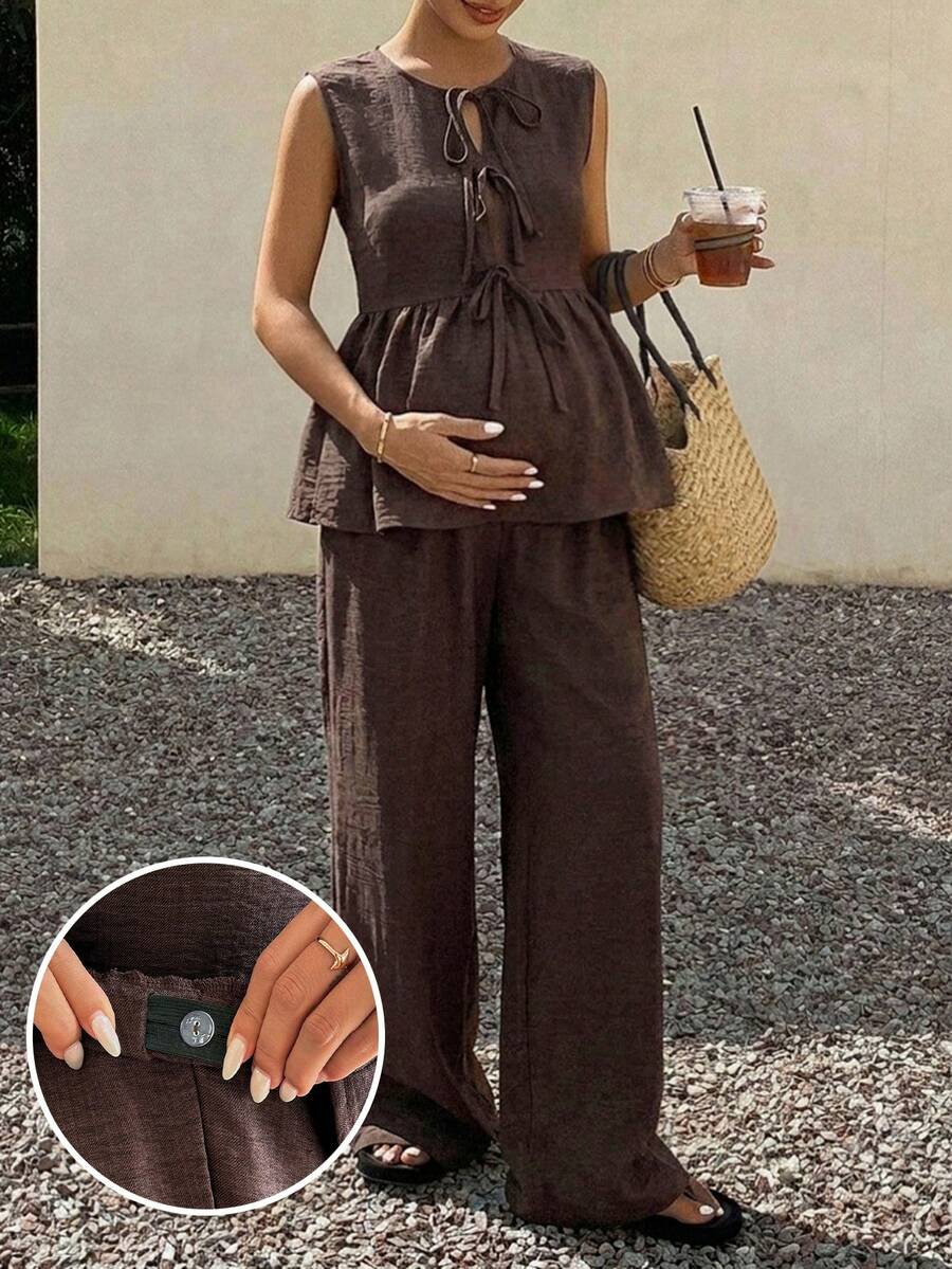 Dazy Maternity 純色休閒圓領繫帶無袖上衣與休閒長褲,度假風日常穿著,棕色春夏孕婦兩件套 - 棕色 - 查看 1