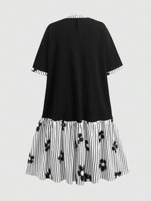 SHEIN Teen Girl Kids Preppy Style Patchwork Dress, Black Knit Black And White Striped Collar, Bottom Part Patchwork Striped Pleated Skirt Echoes The Top, Overall Style Fresh And Youthful, Suitable For Daily Commute Or Casual Wear - Black - View 2