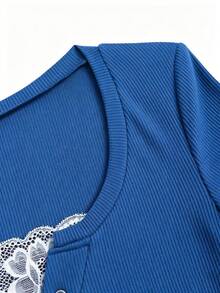 Sweetra Streetwear Women's Half-Open Cuff Eyelet Decor Lace 2 In 1 Short Sleeve Solid Color T-Shirt - Royal Blue - View 5