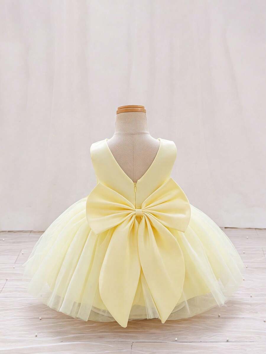 Glamorique Kids 女嬰淺黃色無袖薄紗禮服 深V露背 大尺寸可愛優雅蝴蝶結 正式洋裝 適合1歲生日、婚禮花童、洗禮、夏季 - 黃色 - 查看 1