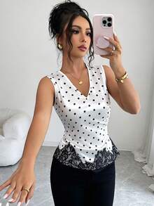 Elenzga V-Neck Polka Dot Tank Top Women's V-Neck Sleeveless Top, Waist Ruched, Polka Dot Pattern, Asymmetric Lace Spliced Hem, French Elegant Casual Style, Versatile For Daily Outdoor Commute - Black and White - View 5