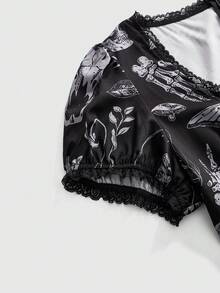 ROMWE Goth 深色哥德風女巫蕾絲拼接娃娃印花女款短版大尺碼洋裝 - 黑色 - 查看 4