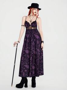 Breakform Women's Spring/Summer Casual Goth Vintage Punk All-Over Print Camisole Dress Night Out Dark Purple - Black - View 6