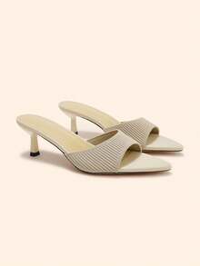CUCCOO BASICS Ladies Knitted Apricot Stiletto Kitten Heel Sexy Mueller Slip-On Open Toe Toothed Tipped Breathable Summer Striped Women's Sandals Commuter - Apricot - View 1
