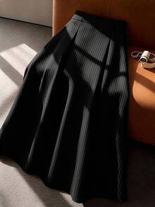 GlowEve CURVE Plus Size Women's Striped Pleated Casual Versatile Daily Wear Skirt - Black - View 7