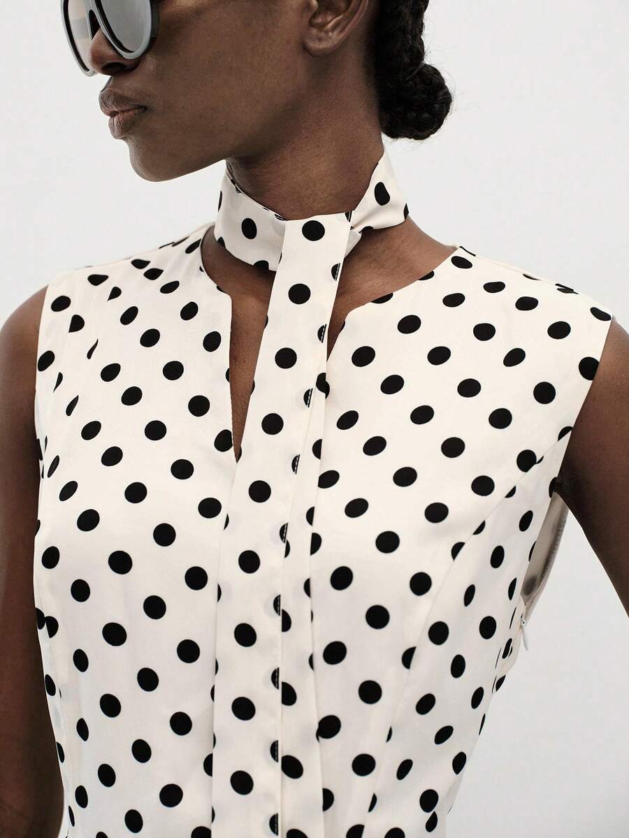 Aveloria Modichic Women's Dress High Waist A-Line Tie High Neck Sleeveless Midi Swing Elegant French 70s Vintage White And Black Polka Dot Tea Party Brunch Summer - Black and White - View 1