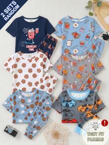 SHEIN 2套随机男童春夏时尚卡通汉堡王和可爱饼干/零食元素印花柔软针织面料舒适短袖紧身裤睡衣家居服 - 彩色 - 查看 4